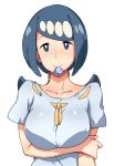 1girl blue_eyes blue_hair blue_shirt condom condom_in_mouth denki_shougun freckles hairband lana's_mother long_hair mature milf mouth_hold pokemon pokemon_(anime) pokemon_sm_(anime) ribbon ribbon_trim shirt short_sleeves simple_background solo suiren's_mother white_background white_hairband yellow_ribbon