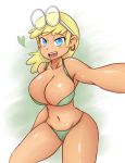 1girl :d big_breasts bikini blonde_hair blue_eyes breasts cute green_bikini heart leni_loud long_hair looking_at_viewer smile the_loud_house