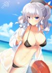 1girl beach big_breasts bikini blue_eyes breasts cute kantai_collection kashima_(kantai_collection) looking_at_viewer ocean short_hair white_hair