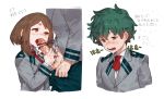  1boy 1girl bar_censor blush blush_stickers boku_no_hero_academia brown_eyes brown_hair censored clothed_sex erection fellatio green_eyes green_hair half-closed_eyes handjob heart hetero highres izuku_midoriya licking licking_penis m_(mhws) midoriya_izuku my_hero_academia ochako_uraraka open_mouth oral pants_down penis penis_grab penis_lick pointless_censoring school_uniform sex simple_background split_screen sweat teeth testicles text tongue translated uraraka_ochako white_background 