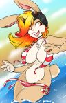  1girl 1girl 2016 4_fingers anthro big_breasts bikini black_hair blonde_hair breasts brown_fur chest_tuft clothed clothing duckdraw fur furry hair horn inner_ear_fluff jackalope lagomorph mammal navel nipple_bulge open_mouth orange_eyes orange_hair piercing sami_(duckdraw) smile swimsuit tongue tongue_piercing tuft wardrobe_malfunction water 