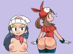 2_girls ass big_ass big_breasts bottomless bottomless_female breasts brown_hair dawn game_freak greatmenu haruka_(pokemon) hikari_(pokemon) humans_of_pokemon may_(pokemon) nintendo pokemon pokemon_(anime) pokemon_diamond_pearl_&_platinum pokemon_dppt sideboob simple_background topless_female