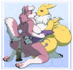 1girl 2016 anthro anus arm_warmers armwear ass aurothos big_ass big_breasts black_sclera blue_eyes breasts butt_grab canine clothing coyote digimon dildo dildo_sitting duo female/female fox fur furry hand_on_butt iriedono kneel looking_back mammal multicolored_fur neck_tuft pawpads penetration pink_fur pussy pussy_juice raised_tail renamon saliva saliva_string sex_toy simple_background spread_butt spreading thick_thighs tongue tongue_out tuft two_tone_fur vaginal vaginal_penetration white_fur yellow_fur