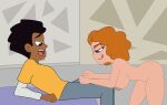  1boy 1girl cndhpr dark-skinned_male dark_skin disney disney_channel disney_xd edit ferozyraptor laying_down melissa_chase milo&#039;s_murphy_law naked_female open_mouth sideboob tongue_out unbuttoned_pants zack_underwood 