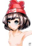 2017 artist_request hat moon_(pokemon) moon_(trainer) nude outstretched_arm pokemon pokemon_(game) pokemon_sm porkyman signature small_breasts