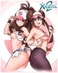  2girls ass baseball_cap bikini_top blue_eyes blush breasts brown_hair cute hair hilda long_hair mei_(pokemon) multiple_girls nipples poke_ball pokemon pokemon_(game) pokemon_bw pokemon_bw2 rosa smile touko_(pokemon) visor_cap x-teal2 