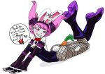  ass big_ass big_breasts breasts bunny_ears bunny_tail bunnysuit carrot cleavage female food jim_sugomi jinx solo speech_bubble teen_titans text 