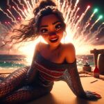  ai_generated beach brown_eyes brown_skin disney fireworks long_hair looking_at_viewer moana_(disney) moana_waialiki night pov smile 