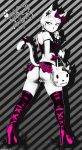 anthro ass black_background bow cat clothing collar english_text feline female footwear frown fur goth heart hello_kitty high_heels jewelry looking_away looking_back pink_eyes plain_background presenting presenting_hindquarters presenting_pussy purse pussy raised_arm ring shadman shadow shiny shirt shoes skirt socks solo spikes standing stripes text whiskers white_eyes white_fur