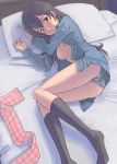  1girl ass bed breasts brown_eyes brown_hair footwear hiromi_yuasa kneehighs kuroyagi long_hair long_legs lying nipples open_clothes open_shirt panties shirt socks solo striped striped_panties true_tears underwear yuasa_hiromi 