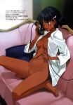  black_hair bottomless breasts corded_phone couch dark_skin dress_shirt earrings feet fushigi_no_umi_no_nadia green_eyes jewelry morii_shizuki nadia nadia_ra_alwar naked_shirt no_bra no_panties no_pussy open_clothes open_shirt phone photoshop shirt short_hair the_secret_of_blue_water translation_request 