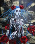  1girl black_lipstick blue_hair canvas cyborg_(designation) female_only flower flower_in_hair mechanical mechanophilia pale_skin red_eyes robot_girl 