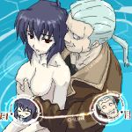  1boy 1girl batou blue_hair blush breast_grab breasts clothed_male_nude_female couple ghost_in_the_shell grabbing groping hetero jacket kusanagi_motoko lowres motoko_kusanagi nude oekaki ponytail saliva shimano_natsume short_hair silver_hair sitting sitting_on_lap sitting_on_person 