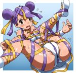 1girl ass blush bondage brown_eyes double_bun nintendo open_mouth pokemon pokemon_battle_revolution purple_hair ribbon_bondage sashay short_hair shy spread_legs tears wavy_mouth