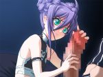  1girl al_azif censored demonbane double_bun double_buns flat_chest game_cg glansjob green_eyes handjob huge_penis kishin_houkou_demonbane ni&#952; nishii_(nitroplus) niã®â¸ niî¸ penis penis_awe purple_hair solo_focus two-handed_handjob worried 