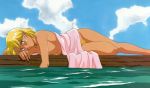 blue_eyes breasts electra fushigi_no_umi_no_nadia nude pubic_hair short_hair sky the_secret_of_blue_water towel water