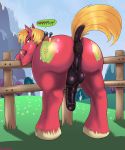 ! anus apple ass barefoot big big_ass big_macintosh big_macintosh_(mlp) blonde_hair cloud english_text equine erect_penis fence feral flower freckles friendship_is_magic fruit full_body fur grass green_eyes green_fur hair hay hooves horse horse_cock horsecock in_mouth looking_at_viewer looking_back male mountain my_little_pony nude outside penis plant pony presenting presenting_hindquarters puffy_anus purple_penis purple_skin raised_leg red_ass red_butt red_fur shadman shadow shiny short_hair sky solo spazkid teeth testicles text tree vein wood