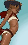  1girl bandeau bare_shoulders dark_skin earrings flat_chest fushigi_no_umi_no_nadia grey_eyes hair_ornament hairclip hidiri_rei hijiri_rei jewelry loincloth looking_up midriff nadia nadia_ra_alwar neck_ring panties purple_hair ribs short_hair solo strapless stretch the_secret_of_blue_water tubetop underwear vest 