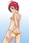  1girl ahoge akira_souya ass back big_ass bikini blue_background breast dragonaut flat_chest gradient_background hirokawa hirokawa_kouichirou looking_back lowleg lowleg_bikini nipple red_hair ribs short_hair simple_background smile solo souya_akira string_bikini swimsuit yuri 