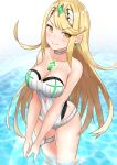  1girl absurd_res alluring blonde_hair blush breasts choker cleavage closed_mouth collarbone earrings eyebrows_visible_through_hair high_res jewelry leg_garter long_hair looking_at_viewer medium_breasts mythra mythra_(xenoblade) nintendo ojun one-piece_swimsuit partially_submerged smile standing striped swimsuit tiara vertical-striped_swimsuit vertical_stripes voluptuous water white_choker white_swimsuit xenoblade_(series) xenoblade_chronicles_2 yellow_eyes 