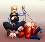 1girl ahe_gao android_18 ass beaten bondage boots breasts defeated dragon_ball_z eyebrows face_down_ass_up female_domination femdom full_body krillin malesub rope ryona spanked testicles tongue tongue_out top-down_bottom-up vanbrand