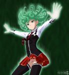 bible_black big_breasts breasts cosplay female green_eyes green_hair one-punch_man school_uniform solo stiky_finkaz tatsumaki