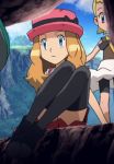 2girls anime arm_support ash_ketchum bike_shorts blonde_hair blue_eyes bonnie clothed eureka_(pokemon) hat long_hair pokemon pokemon_(anime) pokemon_xy satoshi_(pokemon) screenshot serena serena_(pokemon) sitting standing thighhighs upskirt