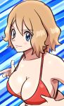  &gt;:) alluring big_breasts blush bra breast_hold breasts cleavage cute hand_on_breast looking_at_viewer mischievous mischievous_grin nakaba pokemon pokemon_(anime) pokemon_xy porkyman red_bra serena serena_(pokemon) short_hair sideboob solo source_request upper_body 