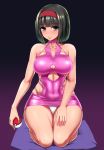  brown_eyes cleavage covered_navel creatures_(company) erika_(pokemon) game_freak gym_leader hairband holding_poke_ball huge_breasts humans_of_pokemon ishimiso_(ishimura) latex_dress looking_at_viewer nintendo pale_skin panties poke_ball pokemon pokemon_(anime) pokemon_(game) pokemon_red_green_blue_&amp;_yellow pokemon_rgby porkyman purple_hair sitting white_panties 