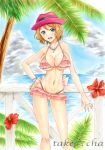 1girl :d alluring arm arms art babe bare_arms bare_legs bare_shoulders beach big_breasts bikini bikini_skirt blue_eyes blush bracelet breasts cleavage clenched_hand cloud contrapposto flower hand_on_hip happy hat hibiscus jewelry legs light_brown_hair looking_at_viewer midriff navel neck necklace nintendo ocean open_mouth outside palm_tree pink_bikini pink_swimsuit plant pokemon pokemon_(anime) pokemon_(game) pokemon_xy red_flower round_teeth sea serena serena_(pokemon) short_hair sky smile standing swimsuit takecha teeth tree underboob water