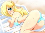 alluring ass beach beach_chair bikini blue_bikini blush chair doubleasterisk hair_over_one_eye looking_back nintendo princess_rosalina rosalina sideboob super_mario_galaxy sweating