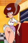 1girl big_hair bigtyme breasts brown_hair cleavage dexter's_laboratory midge mole pubic_hair pussy skirt skirt_lift