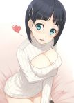 1girl 2014 adam700403 aqua_eyes big_breasts black_hair black_legwear blush breast_hold breast_out breasts breasts_out breasts_out_of_clothes cleavage_cutout hair_ornament hairclip heart kirigaya_suguha looking_at_viewer nipples open-chest_sweater ribbed_sweater short_hair signature sitting stockings sweater sword_art_online turtleneck