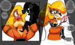  ballgag big_breasts breasts cleavage coco_bandicoot crash_bandicoot_(series) dominatrix female latex nude oddrich pussy smile speech_bubble tawna_bandicoot text themanwithnobats weapon whip yuri 