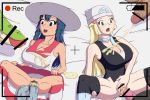 battery_life bosomancer bottomless camera cosplay cum cum_on_breasts cum_on_clothes dawn dawn_(pokemon) hikari_(pokemon) lillie lillie_(pokemon) no_panties pokemon pokemon_dppt pokemon_sm recording skirt_lift text