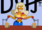  beer beer_mug big_breasts bouncing_breasts breasts_out duff_beer front-tie_top gkg jeans nipples pants tan_line the_simpsons titania_(the_simpsons) 