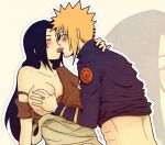  1boy 1girl big_breasts black_hair blonde_hair blue_eyes blush breast_grab breast_squeeze breasts closed_eyes clothed clothing erection female french_kiss imminent_sex indrockz indy_riquez kissing lifting long_hair male male/female mikoto_uchiha minato_namikaze naruto naruto_(series) naruto_shippuden nipples panties standing straight tongue tongue_out 