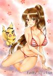  1girl alluring big_breasts bikini blush breasts brown_eyes brown_hair cleavage fox gradient gradient_background inuyasha kirara kirara_(inuyasha) long_hair looking_at_viewer marker_(medium) ponytail sango sitting smile striped striped_bikini swimsuit takecha traditional_media 