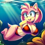  1girl ai_generated amy_rose anthro barefoot big_breasts bikini breasts cartoolover cleavage feet female freediving furry hedgehog huge_breasts mobians.ai navel ocean red_bikini red_swimsuit sea sega solo sonic_(series) sonic_the_hedgehog_(series) swimming swimsuit underwater water 