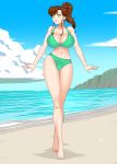 1girl beach big_breasts bikini bishoujo_senshi_sailor_moon bluebullpen breasts brown_hair earrings female female_only green_eyes green_swimsuit kino_makoto makoto_kino mind_control outdoor outside ponytail sailor_jupiter sailor_moon solo spiral_eyes swimsuit