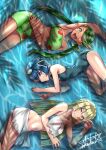  3_girls alluring arm_up armpits bare_shoulders bikini blonde_hair blue_eyes blue_hair braid closed_mouth creatures_(company) dark-skinned_female dark_skin game_freak gen_1_pokemon goggles goggles_on_head green_eyes green_hair hair_ornament hand_on_hip high_res lana lana_(pokemon) lillie lillie_(pokemon) long_hair low_twintails mallow mallow_(pokemon) midriff multiple_girls navel nintendo pokemon pokemon_(anime) pokemon_(creature) pokemon_sm_(anime) shorts signature staryu swimsuit takecha trial_captain twin_tails water 