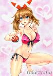 10s 1girl alluring artist_name big_breasts bikini blue_eyes blush breasts brown_hair cleavage creatures_(company) female_focus game_freak hair_between_eyes hairband marker_(medium) may_(pokemon) nintendo open_mouth poke_ball pokemon pokemon_(game) pokemon_oras purple_bikini side-tie_bikini squatting swimsuit takecha traditional_media