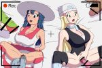 battery_life bosomancer bottomless camera cosplay dawn dawn_(pokemon) hikari_(pokemon) lillie lillie_(pokemon) no_panties pokemon pokemon_dppt pokemon_sm recording skirt_lift text