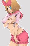 1girl areola big_breasts black_panties blue_eyes blush breast_grab breast_out breasts brown_hair fingering grabbing human masturbation nintendo nipples one_breast_out orgasm pajamas pokemon pokemon_(anime) pokemon_xy serena serena_(pokemon) shirt shirt_lift short_hair shorts signature solo_focus suzuno text