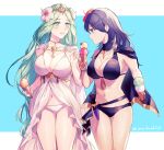  2_girls alluring big_breasts bikini black_bikini breasts byleth_(fire_emblem) byleth_(fire_emblem)_(female) byleth_(summer)_(fire_emblem)_(female) cleavage commentary_request fire_emblem fire_emblem:_three_houses fire_emblem_heroes flower food green_eyes green_hair hair_flower hair_ornament high_res holding_ice_cream_cone ice_cream ichi_(dndk01) long_hair multiple_girls navel nintendo official_alternate_costume open_mouth rhea_(fire_emblem) rhea_(summer)_(fire_emblem) sideboob swimsuit teal_hair white_bikini 