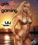 1girl 2009 3d alluring bandai_namco bangle beach bikini blonde_hair blue_eyes bracelet breasts brown_hair cloud collar cowboy_shot emilie_de_rochefort female_abs female_focus fighting_game full_body jewelry lili_(tekken) lili_rochefort long_hair looking_at_viewer magazine magazine_cover midriff namco namco_bandai ocean outside paul_phoenix side-tie_bikini sky standing striped striped_bikini striped_swimsuit sunset swimsuit tekken tekken_2 tekken_5_dark_resurrection tekken_6 tekken_6_bloodline_rebellion tekken_7 tekken_8 tekken_revolution tekken_tag_tournament_2 video_game video_game_franchise video_games