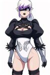  ai_generated ben_10 ben_10:_omniverse bodysuit boob_window charmcaster dyed_hair long_hair long_sleeves maid_uniform nier:_automata purple_hair stockings thighs white_hair yorha_2b_(cosplay) 