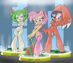 3_girls amy_rose animal_ears blue_eyes breasts cosmo_the_seedrian cute furry green_eyes green_hair looking_at_viewer multiple_girls nipples nude pink_hair purple_eyes pussy shade_the_echidna short_hair smile sonic_(series)