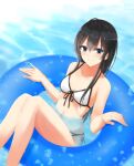  1girl 1girl ahoge alluring bikini black_hair blue_eyes blue_innertube breasts cleavage collarbone eyebrows_visible_through_hair front-tie_bikini front-tie_top hair_between_eyes innertube long_hair looking_at_viewer ponpon_(ponpon62126) shiny shiny_hair side-tie_bikini sitting small_breasts smile swimsuit white_bikini yahari_ore_no_seishun_lovecome_wa_machigatteiru. yukinoshita_yukino 