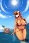 1girl anthro areola beach big_breasts bikini blush breasts clothing cream_the_rabbit digital_media_(artwork) erect_nipples fur furry huge_breasts lagomorph looking_at_viewer mammal mature_female milf nipples parent pelao0o pussy pussy_floss rabbit seaside sega smile swimsuit vanilla_the_rabbit